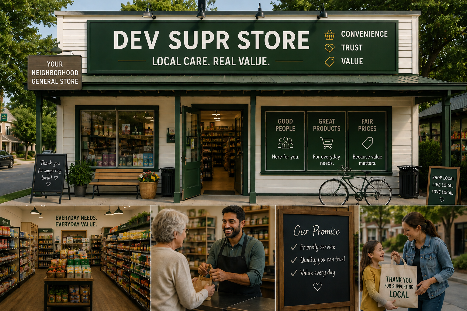 Dev Super Store exterior and community shopping collage